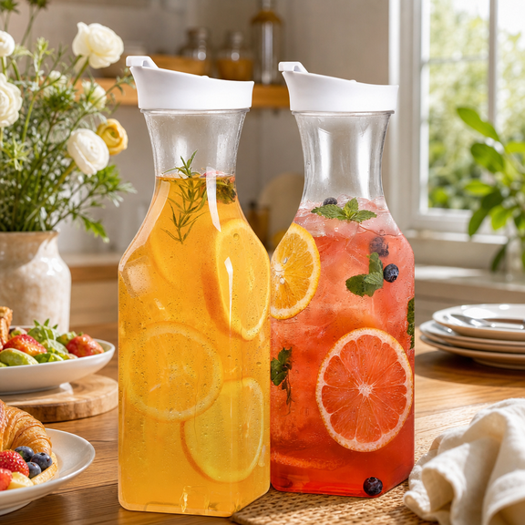 2-Pack Juice Containers, 1.59 QT Each, Clear Plastic Beverage Pitchers with Flip Lids, Square Water Carafe for Bedside, Fridge, Cold Brew, Lemonade, Parties & Bedroom Use