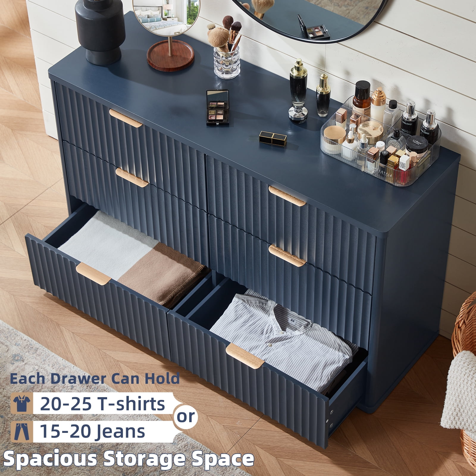 6 Fluted Drawer White Dresser, 48"H Wide Storage Cabinet with Upgraded Stable Base, Vertical Chest for Bedroom Living Room, Blue