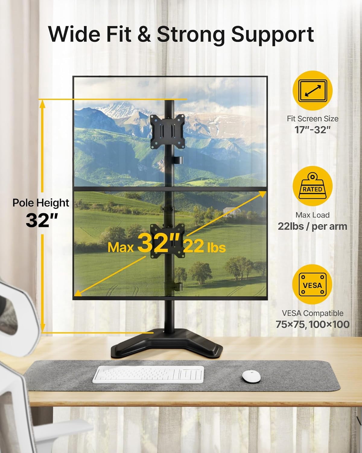 monTEK Vertical Dual Monitor Stand for 17-32 Inch Screens, Freestanding Stacked Monitor Mount with Full Motion Tilt, Swivel & Rotation, Holds up to 22 lbs per Arm, VESA 75x75/100x100mm