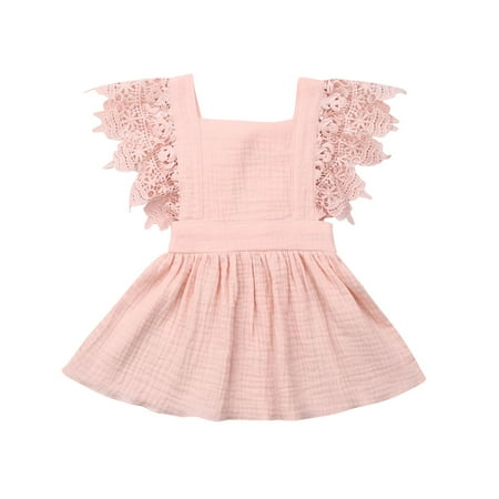 

Baby Girl Summer Sleeveless Dress Flare Sleeve Lace Patchwork V Back Tutu Sundress Solid Color Square Collar Princess Clothes