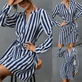 thumbnail image 3 of Women Autumn Long Sleeve Sexy V-Neck Mini Dress with Belt Vertical Striped Print Casual Loose A-Line Flare Hem Cocktail Party Lady Streetwear, 3 of 13