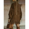 thumbnail image 6 of Women'S High Neck Suede Retro Long Sleeve Dress with Fringe Trim and Pockets Loose Fit Brown S, 6 of 7