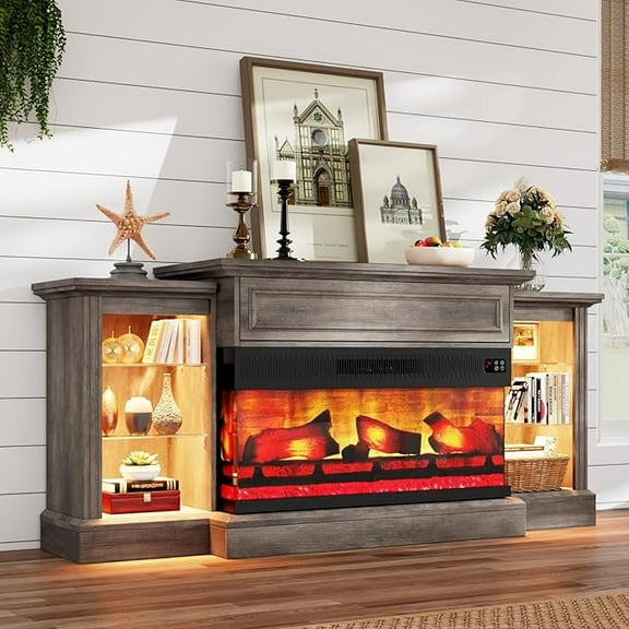 PLAUIN 70" Electric Fireplace with Mantel, 3-Sided TV Stand for TVs up to 75", Rustic Grey