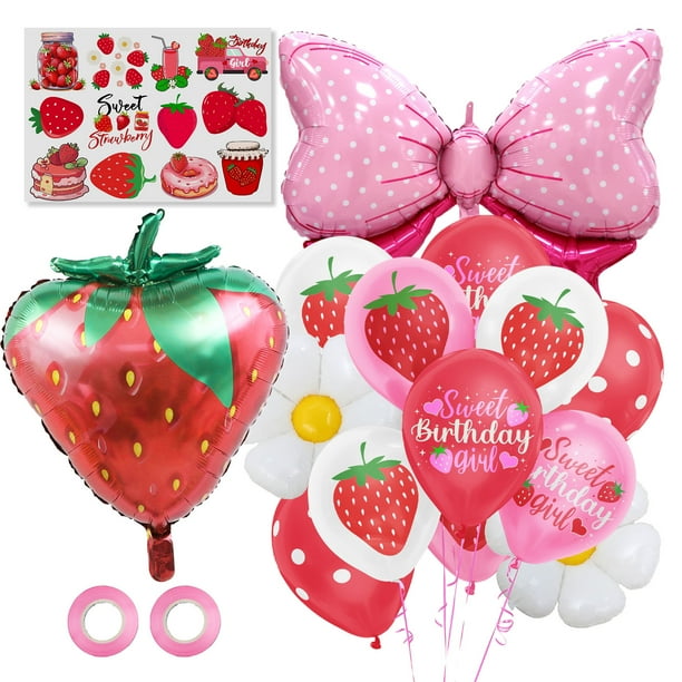 Set de globos de aluminio con diseño de fresas, 14 unidades, para cumpleaños de niña