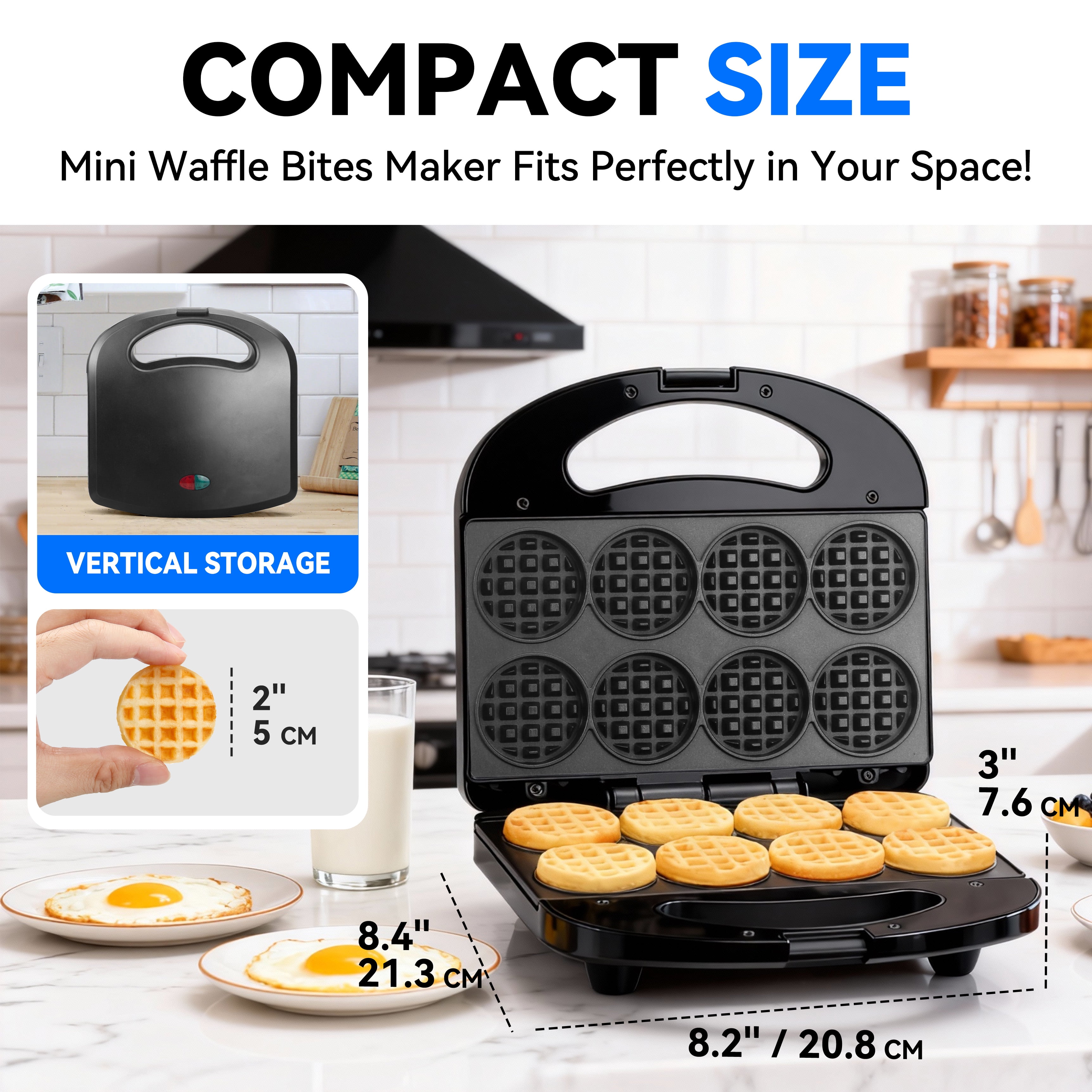 Mailand 8 x 2'' Mini Waffle Maker Machine, Waffle Iron, Non Stick Surface, Brush & Recipe Included, Black