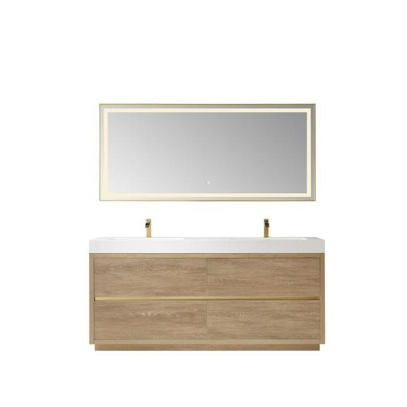 72 in. Huesca Double Sink Bathroom Vanity, North American Oak with White Composite Integral Square Sink Top & Mirror