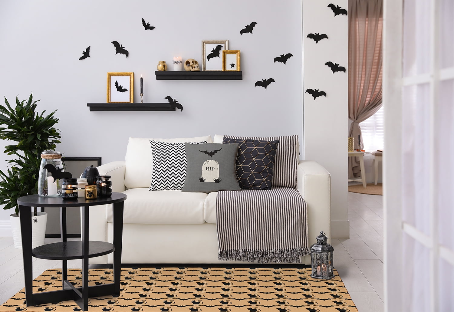 Simply Daisy Cats and Bats Pale Gold Halloween Chenille Area Rug, 3' x 5'