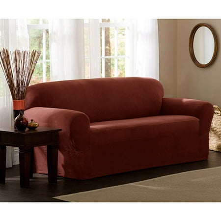 Maytex Small Rectangle Patterned 1-Piece Loveseat Stretch Slipcover, Wine