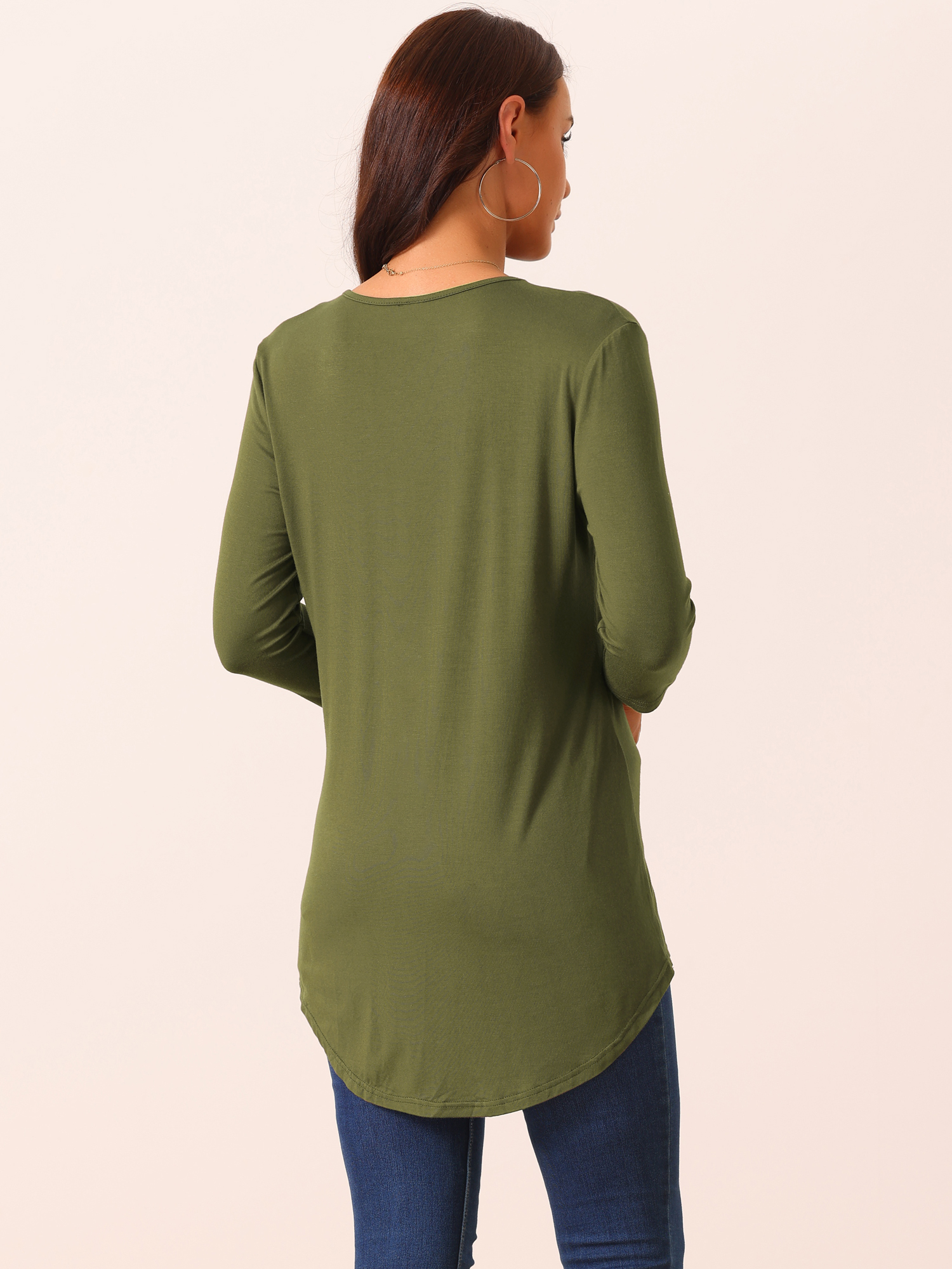 DARING DIVA Women's Tunic Top Crewneck 3/4 Sleeve Asymmetrical Blouse Army Green XL