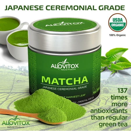 Alovitox Matcha Green Tea Powder, Premium Japanese First Harvest Ceremonial Grade, 100% Organic, use for Back to School Focus, and in Smoothies, Lattes, & Recipes for Energy, 1oz