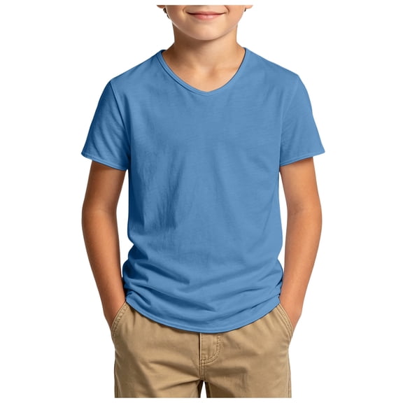 Tigivemen Summer Tops Boys T Shirts Casual Short Sleeve V Neck T-Shirts Solid Basic Tees for Kid Boy Sky Blue,13-14 Years