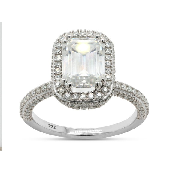 2 1/4 ct. t.w Center 8X6MM Emerald Cut Lab Created Moissanite Halo Engagement Promise Ring for Women In 14K White Gold Over Sterling Silver (G-H Color, VVS1 Clarity, 2.25 Cttw) Size - 4