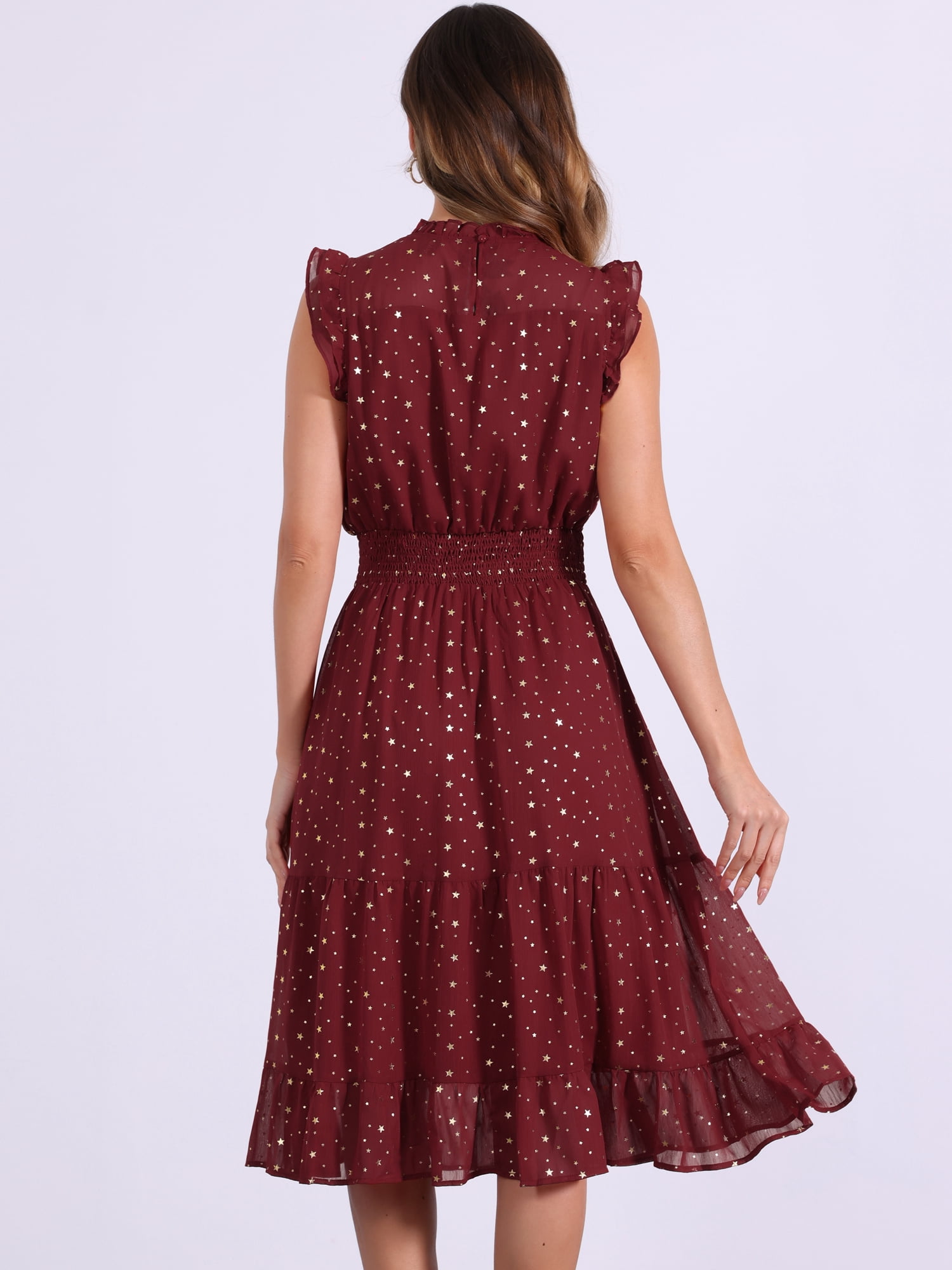 DARING DIVA Smocked Waist Gilding Metallic Stars Chiffon Dress XS Dark Red