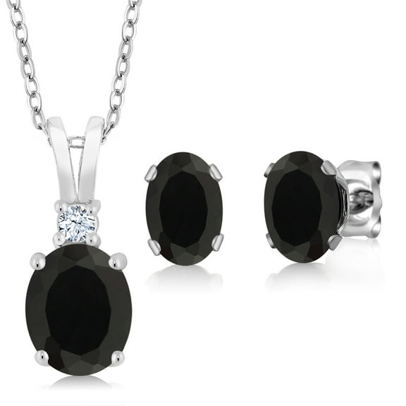Gem Stone King 3.05 Cttw Oval Black Onyx Pendant and Earrings Jewelry Set for Women | 925 Sterling Silver | Gemstone Birthstone | With 18 inch Silver Chain