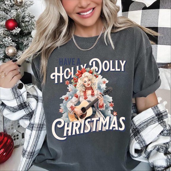 Have A Holly Dolly Festive Retro Vintage Style Guitar Girl T-Shirt Unisex S-5XL Hot Trending Shirt, Vintage Birthday Gift