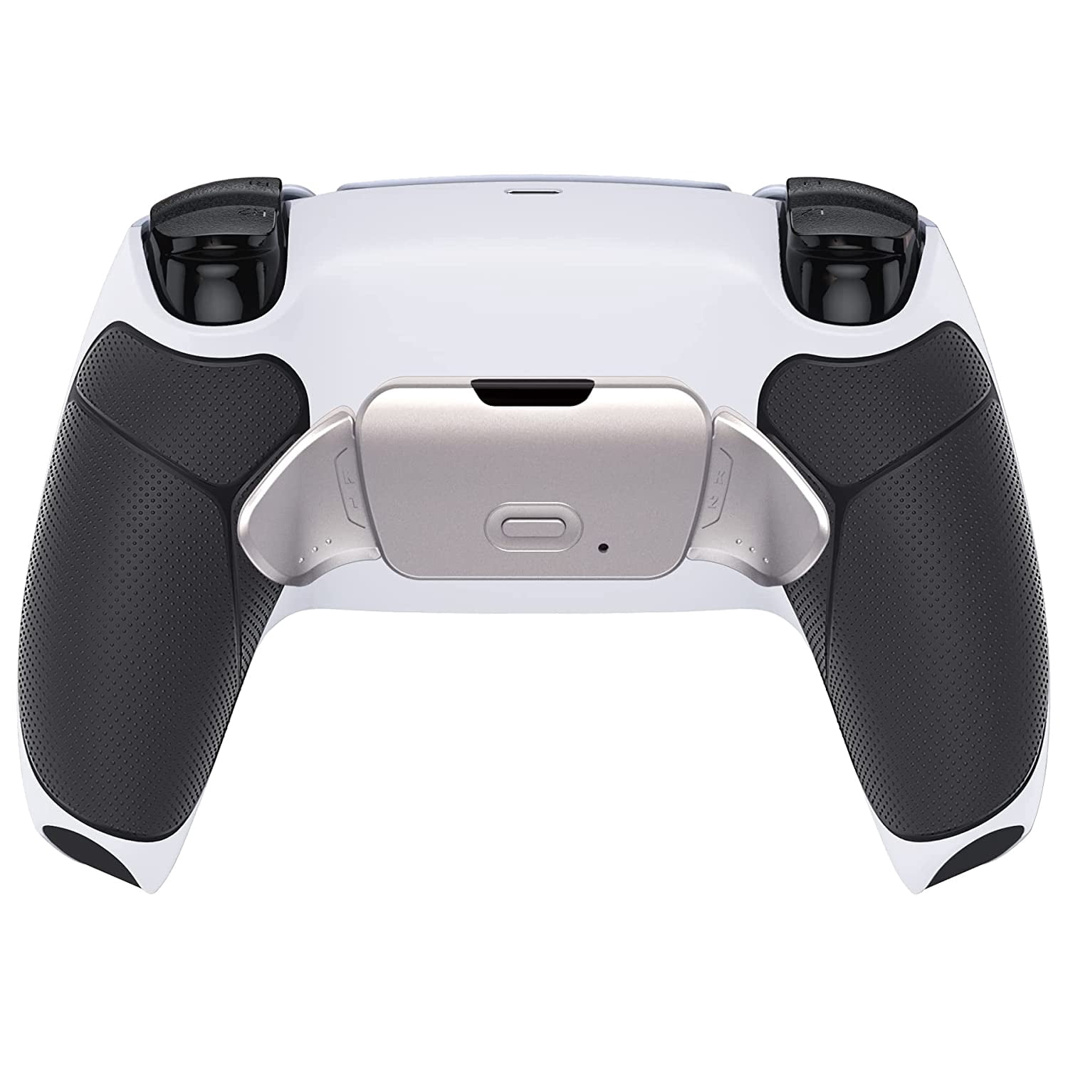 eXtremeRate Silver Real Metal Buttons Kit w/Black Rubberized Grip White Back Shell Upgraded Back Buttons for ps5 Controller BDM-030/040