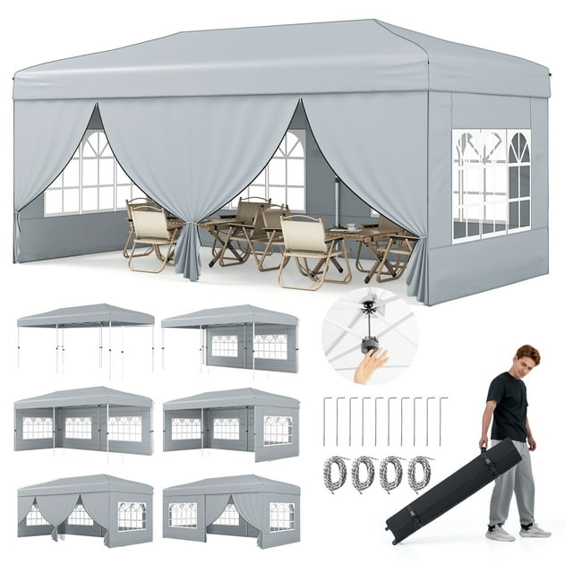 Gymax 10 X 20 FT Pop up Canopy Tent w/ 6 Sidewalls Wheeled Bag 6 Sandbags 10 Stakes Gray