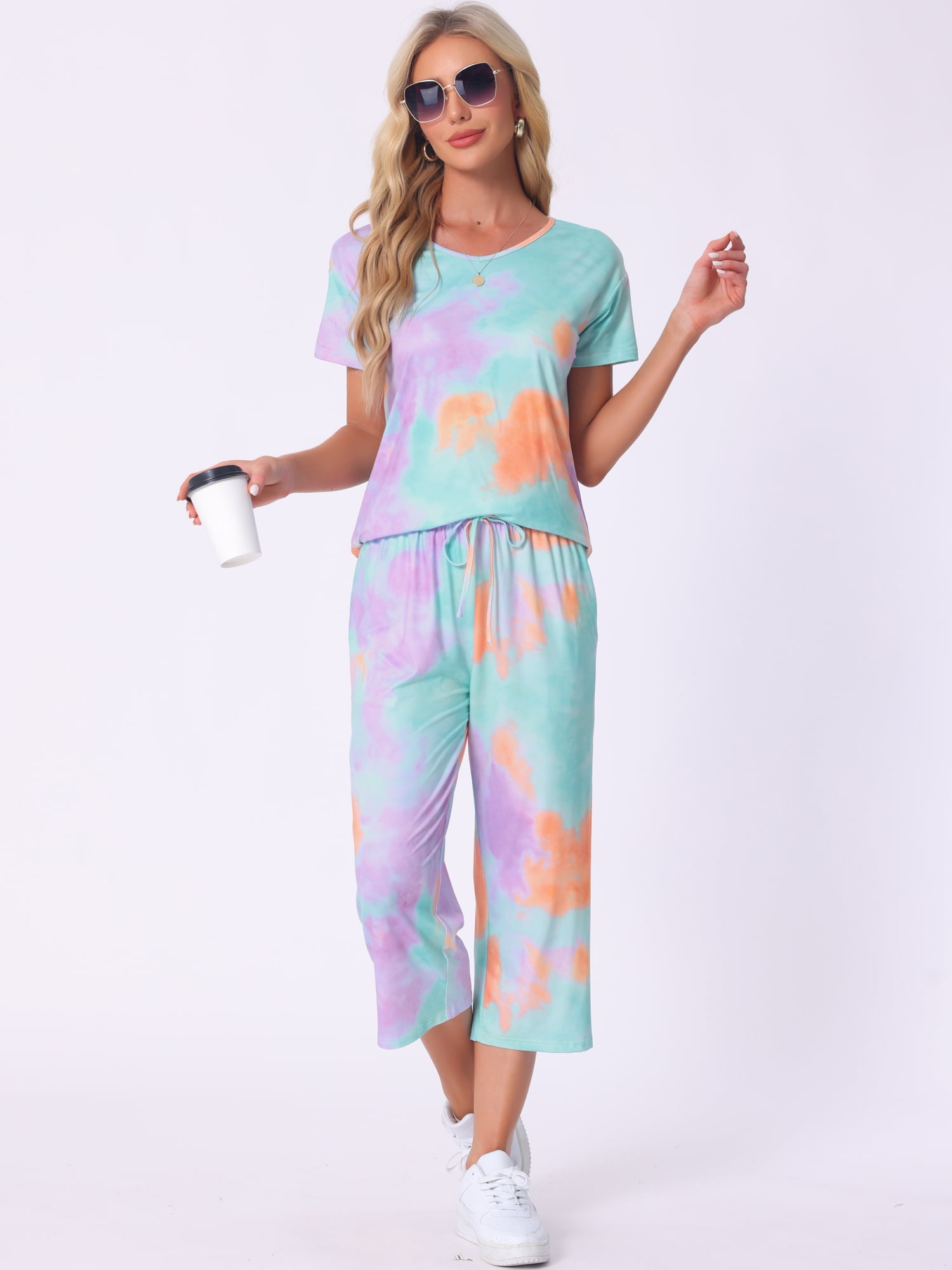 DARING DIVA Women's Short Sleeve Tie Dye Capri Pants with Pockets Loungewear S Orange
