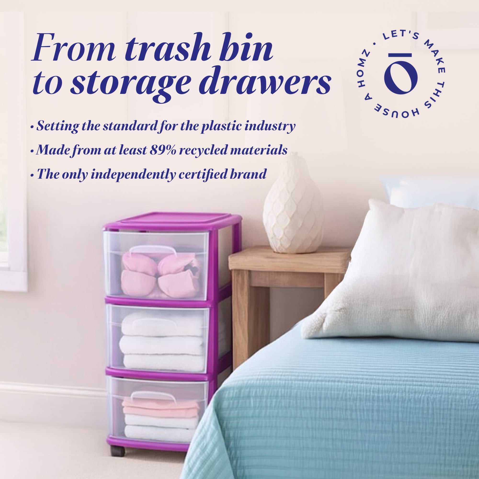 HOMZ 3-Drawer Cart Organizer with Removable Wheels, Medium, Purple Frame