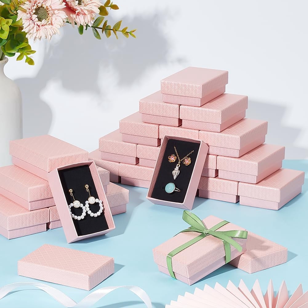24 Pack Jewelry Gifts Boxes 3x2 Inch Rectangle Cardboard Earring Necklace Storage Boxes with Velvet Sponge for Ring Weddings Birthdays (Pink)