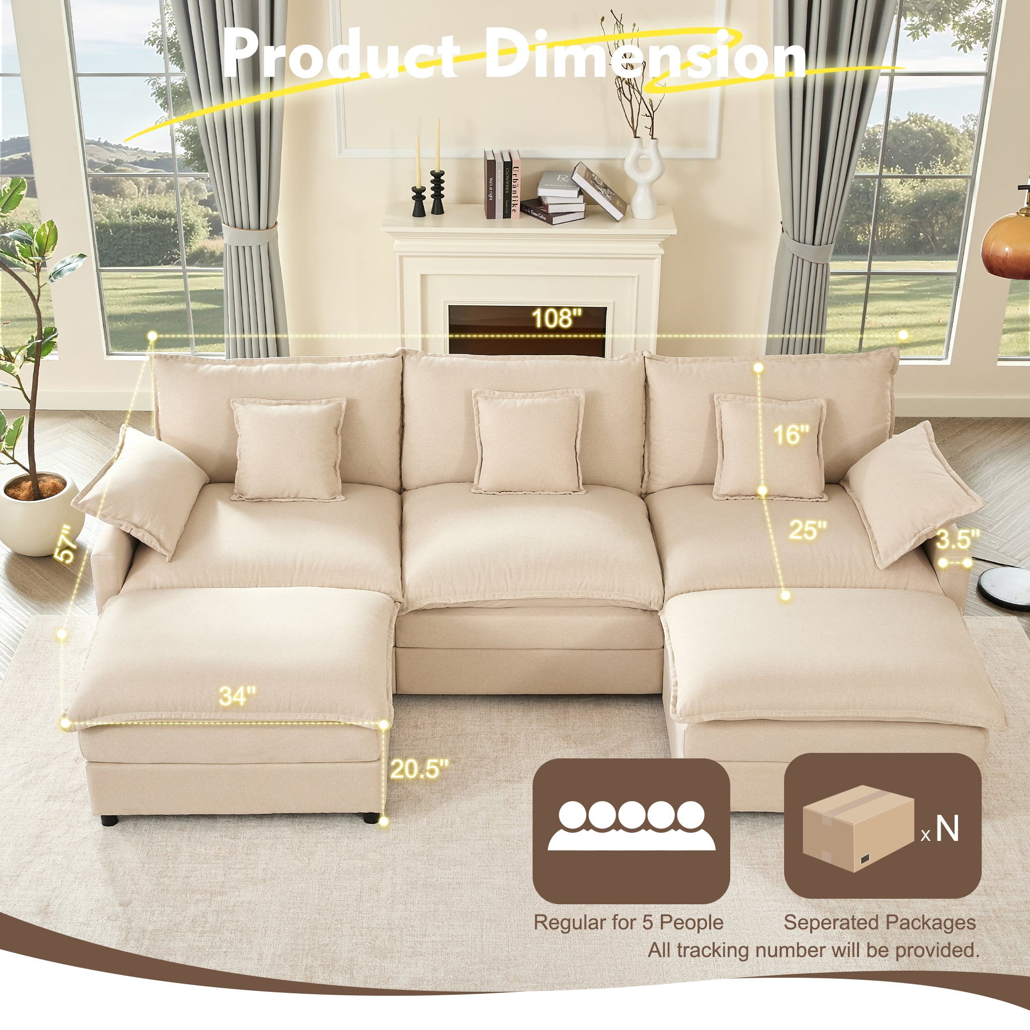 Bigsyy 3 - Seat Sectional Sofa Couch, Comfy Cloud Style, Deep Seat, Sleeper Function with Throw Pillows. Ideal for Adult - Occupied Living Rooms, Modern Design, Cozy Beige