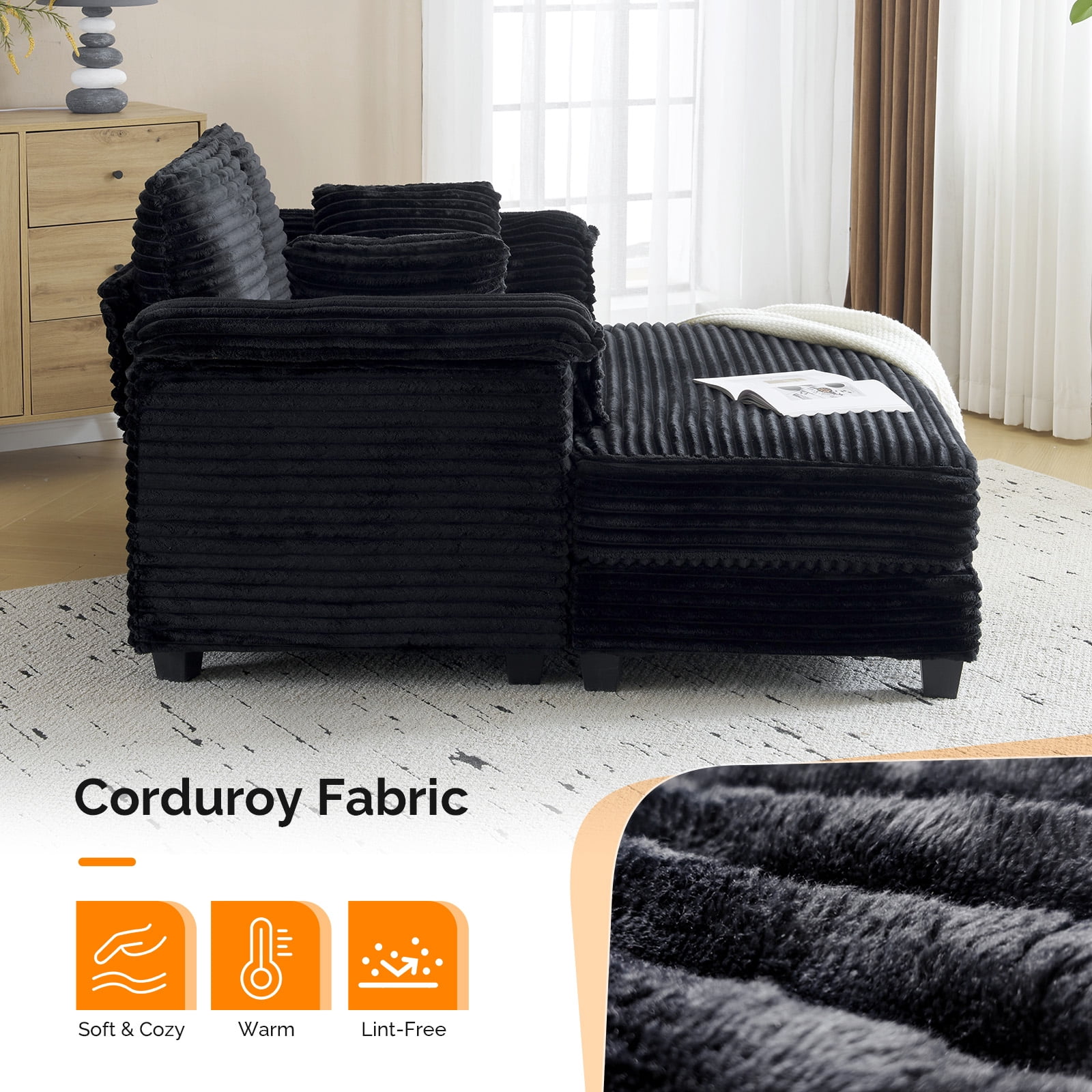 Ktaxon Corduroy Sofa Bed, Upholstered Comfy Sleeper with Pillow Arms, Lounge Chair with Lumbar Support Pillows, Ideal for Small Spaces Black