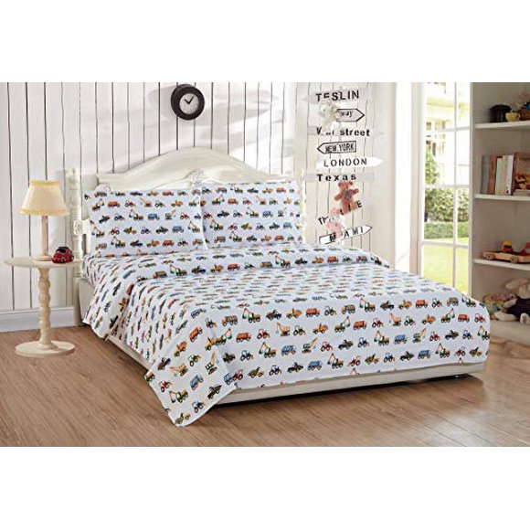 Fancy Linen Ensemble de Draps 4 Pcs sous Construction Zone Camions Tracteurs Bleu Clair Rouge Jaune Bleu Foncé