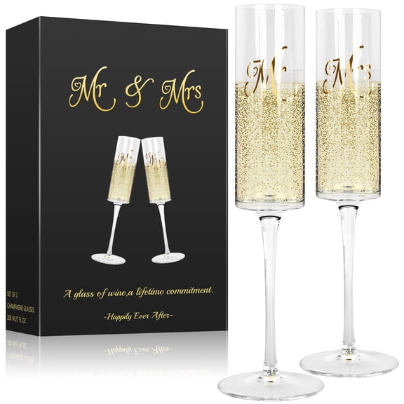 Set of 2 Champagne Flutes - Mr & Mrs - Engagement Gifts, Wedding Gifts for Couples - 210ml, Elegant Glasses for Champagne, Prosecco, Christmas, Birthday (MR & MRS) Description Our exquisite set of 2