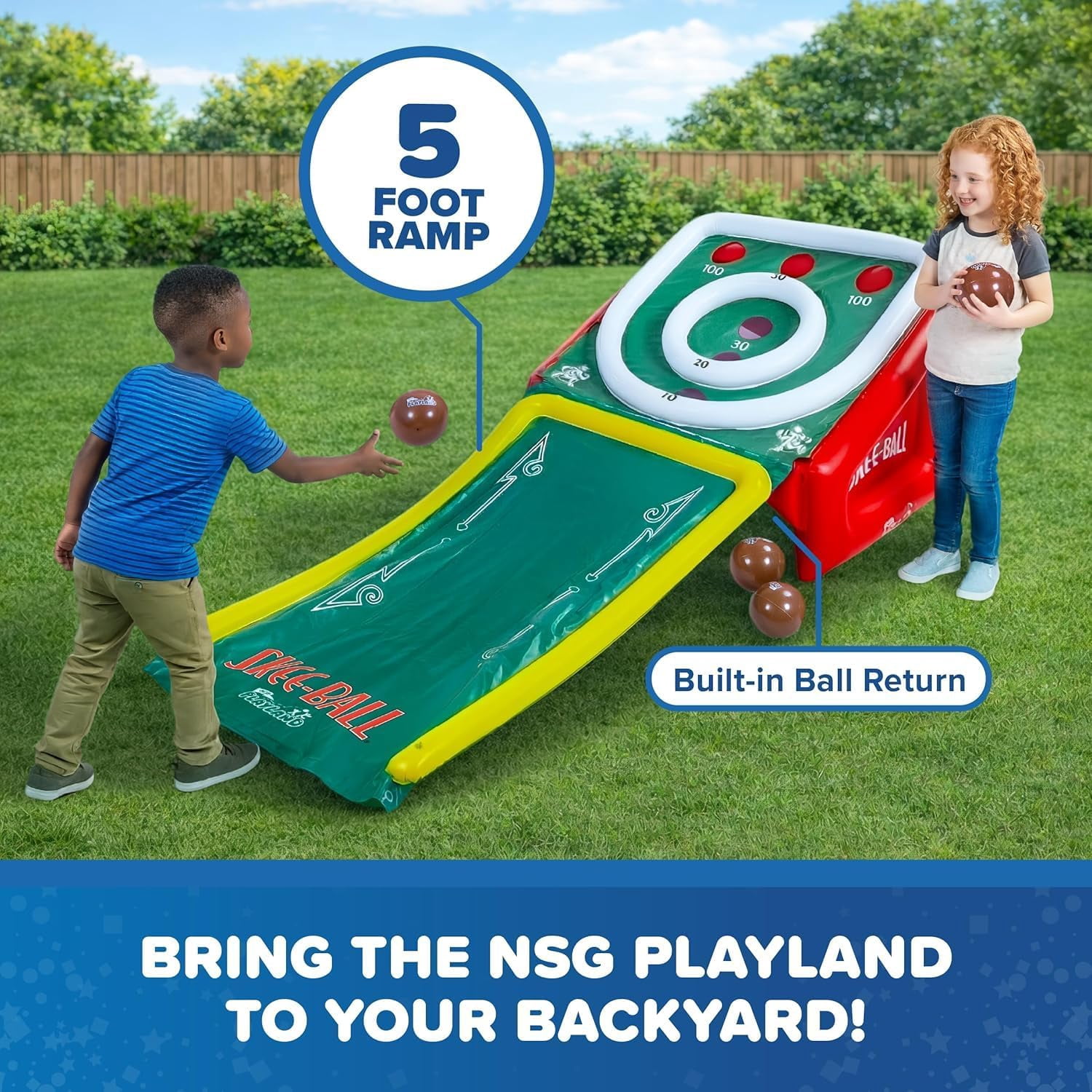 Playland Inflatable Skee Ball Game for Kids & Family – 5FT Indoor & Outdoor Arcade Toss Game with Ball Return, 4 Rubber Balls, Electric & Hand Pump Included – Backyard Party Carnival Game for Ages 6+