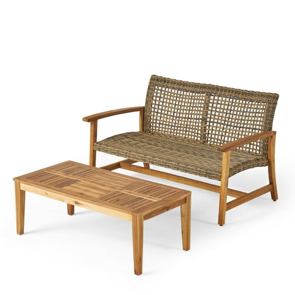 Levant Outdoor Wood and Wicker Loveseat and Coffee Table Set, Gray