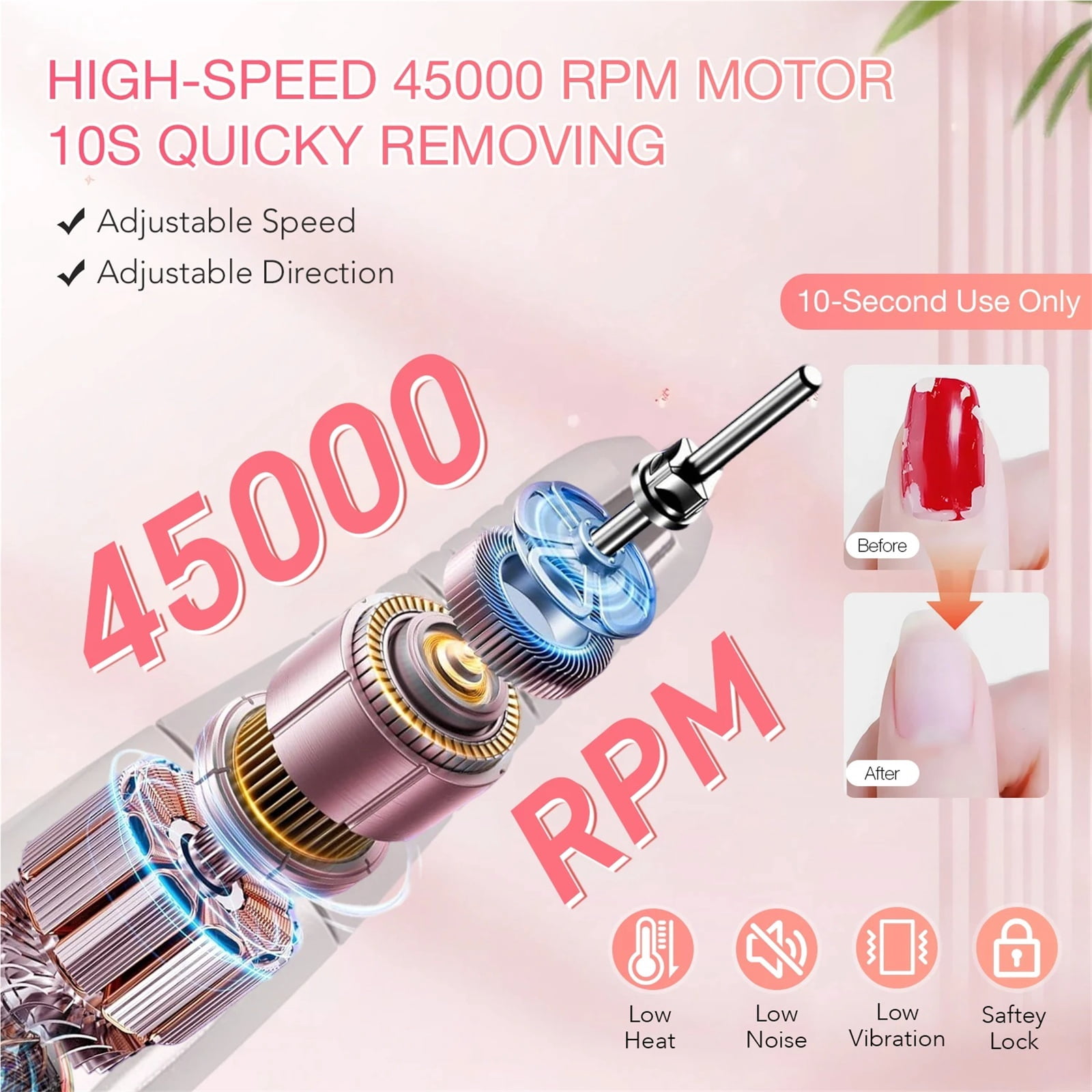 45000RPM Rechargeable Nail Drill Machine Desktop Polishing Machine Electric Sander Low Noise Nail Salon Tools