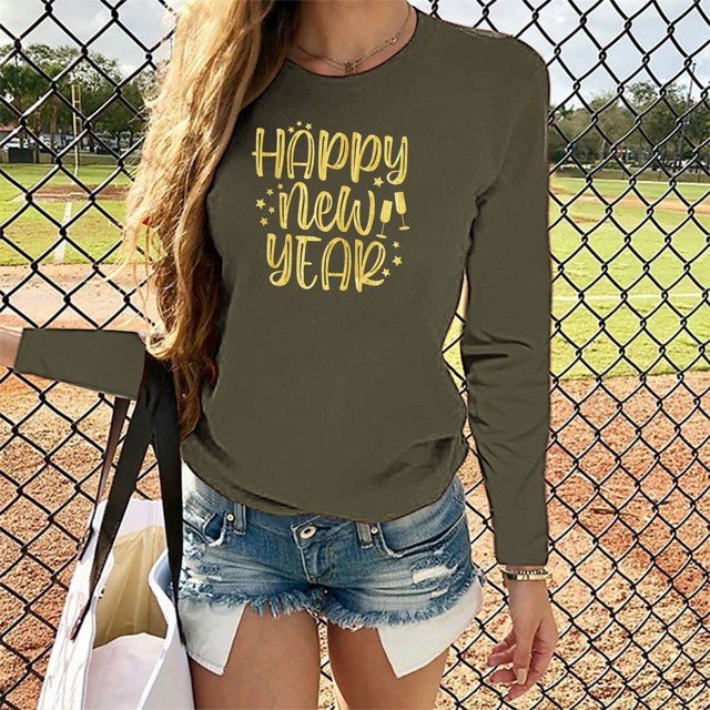 T-shirt Imprimé Bonne Année pour Femmes Manches Longues Blouse Décontractée
