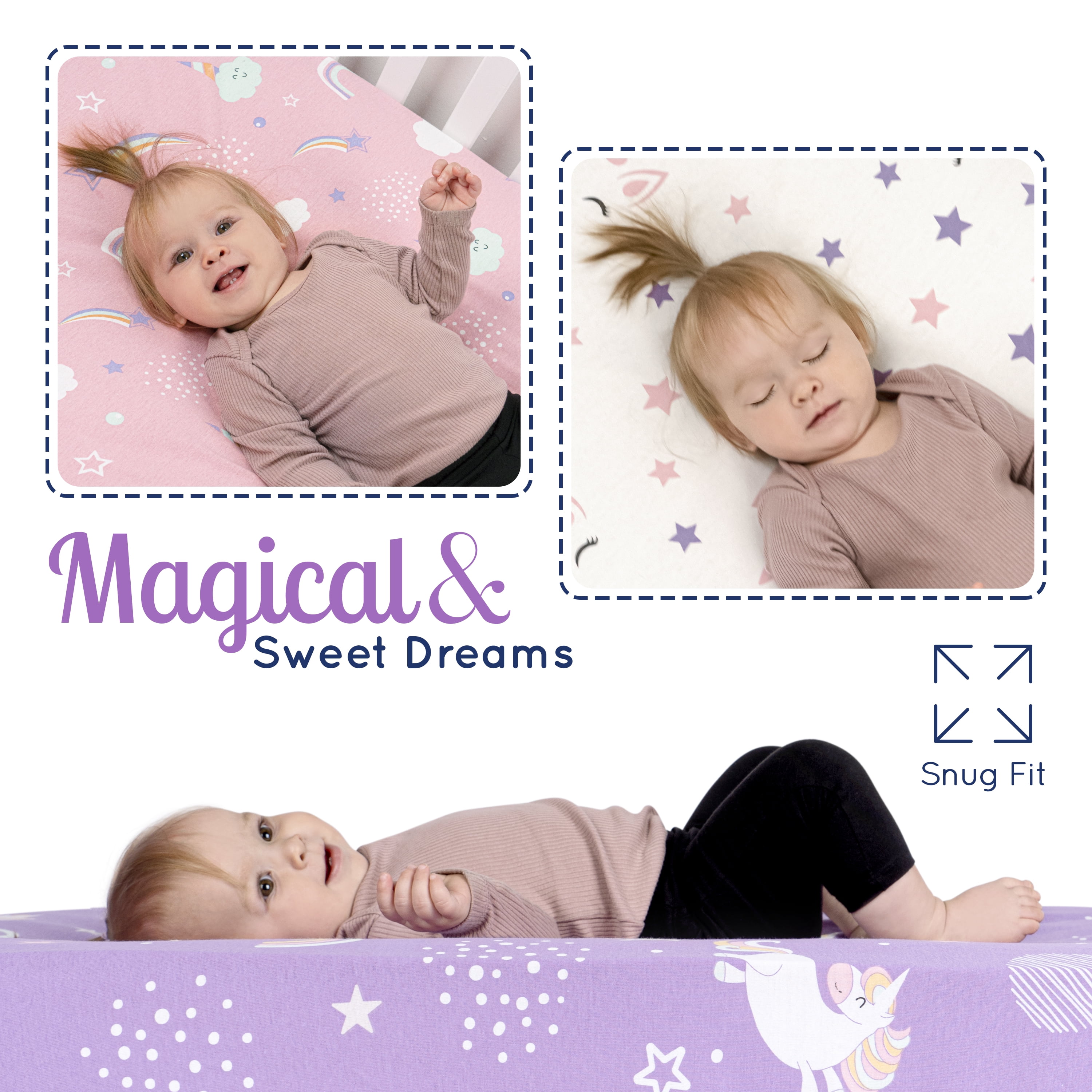 Grow Wild Baby Crib Sheets for Girls (3 Pack), Soft Jersey Cotton Fitted Crib Sheets for Infant, Babies or Toddlers Unisex - 52"x 28" x 9", Unicorns and Rainbows