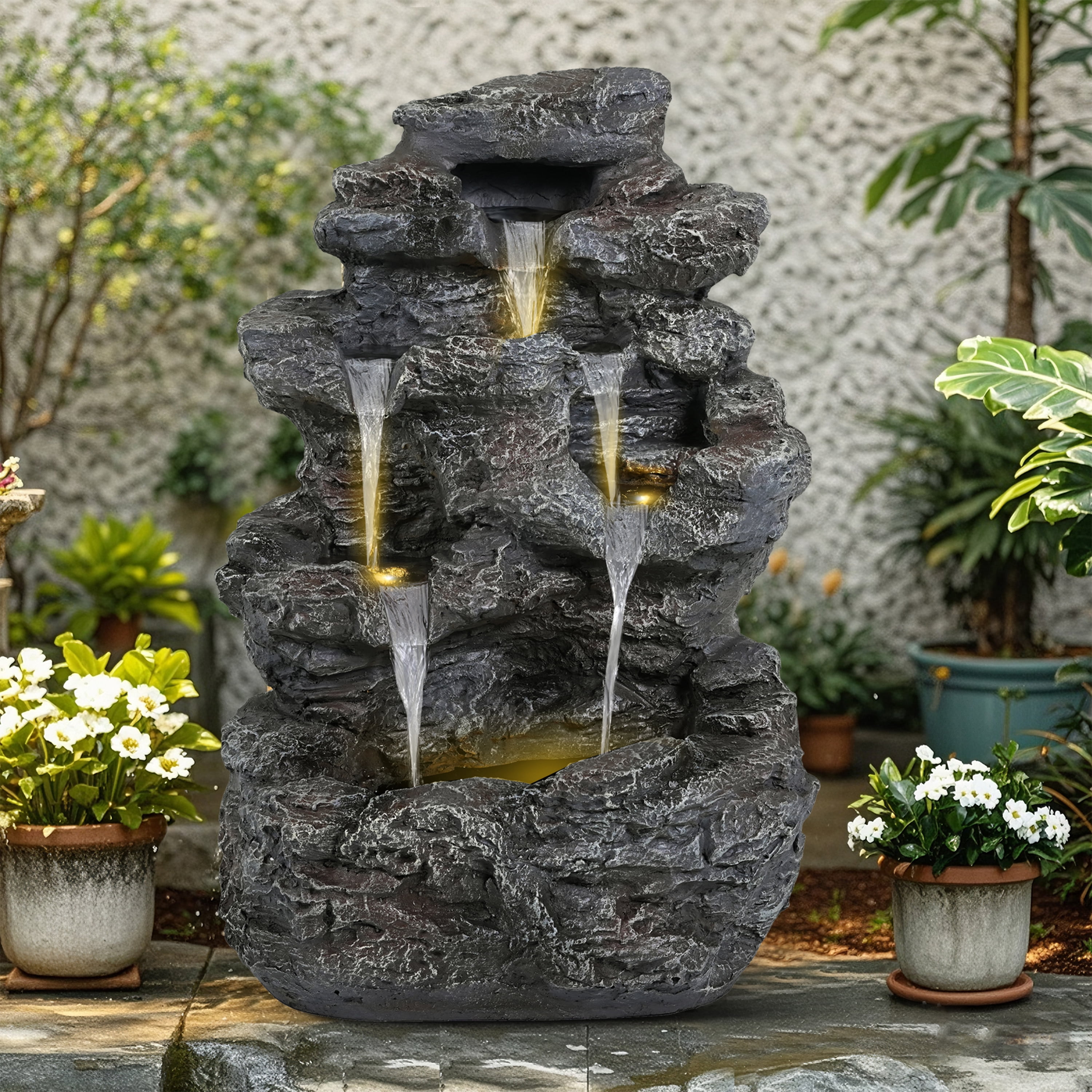 Mintazer 5-Tier Natural Rock Cascading Outdoor Fountain, Weatherproof Faux Rock Concrete Water Feature with Warm LED Lights & Silent Recirculating Pump for Patio Garden Backyard Decor, Gray