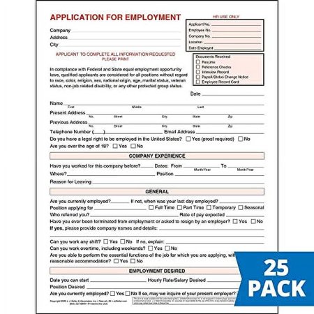 Application for Employment Form, 8.5 x 11, 25 Pack