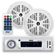 PYLE PLMRKT32WT - Marine In-Dash Stereo Receiver & Speaker Kit, Digital AM/FM Radio System, (2) 5.25?? Waterproof Speakers, MP3/USB/SD Readers, Aux (3.5mm) Input, Single DIN (White)