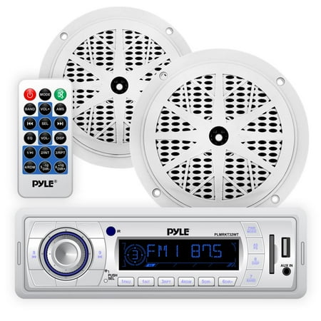 PYLE PLMRKT32WT - Marine In-Dash Stereo Receiver & Speaker Kit, Digital AM/FM Radio System, (2) 5.25?? Waterproof Speakers, MP3/USB/SD Readers, Aux (3.5mm) Input, Single DIN (White)