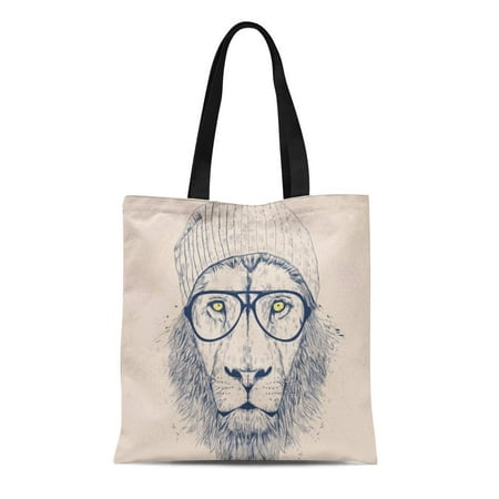 LADDKE Canvas Tote Bag Blue Artsprojekt Cool Lion Glasses Hat Hipster Humor Reusable Handbag Shoulder Grocery Shopping Bags