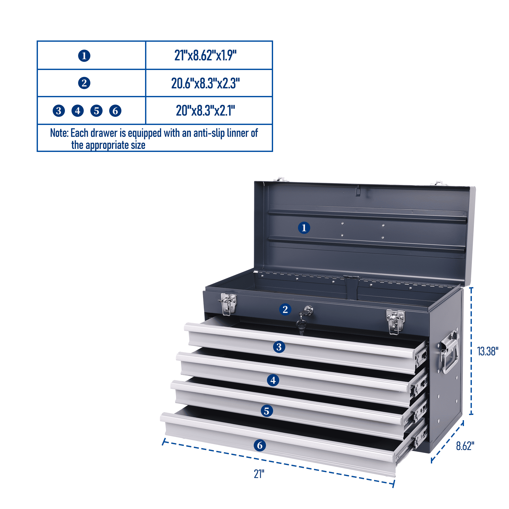 21 Inch Heavy-Duty Metal Tool Box with 4 Drawers, Portable Tool Chest with Ball Bearing Slides, Auto-Locking System & EVA Liners, Antique Grey Multi-Purpose Organizer