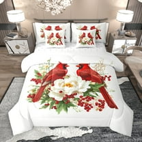 Manfei Xmas Cardinal Bird 7pcs Bedding Comforter Set,Country Floral Berry Queen Bedding Sets,Red White Green Queen Sheet Sets For Girl Teens,Breathable Home Decor