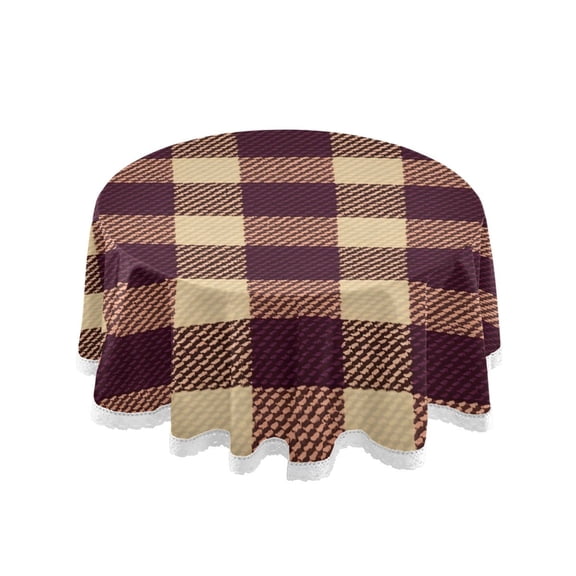 Burgundy Checkered Pattern Round Lace Tablecloth 60 Inch Polyester Wrinkle Resistant Decorative