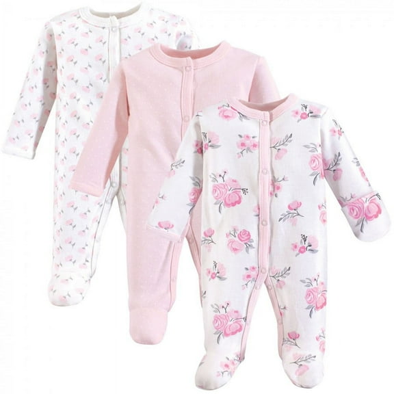 Hudson Baby Infant Girl Cotton Snap Sleep and Play, Basic Pink Floral, Preemie, 3-Piece