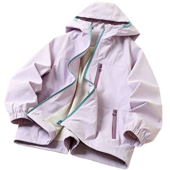 Hduncf Boys Girls Rain Jacket with Detachable Hood Color Block Waterproof Windbreaker Lightweight Raincoats for Kids 5-15 Purple 11-12Years