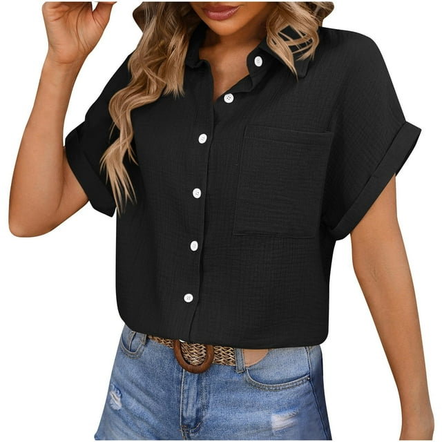 Besolor Button down Shirts for Women Collared Short Sleeve Summer Tops Casual Solid Color Blouse with Pocket