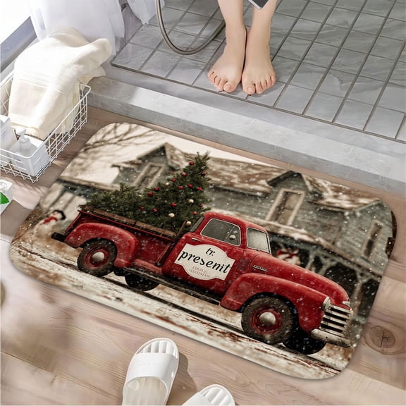 1pc Red Vintage Truck Absorbent Non-Slip Bathroom Thickened Flannel Rug Decor,Soft,Quick Drying,Suitable For Indoor/outdoor Use,Bathrooms,Bedrooms,Kitchens,Terrace,Laundry Rooms,16"x24"