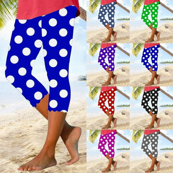 AnuYalue Womens Capri Leggings Petite Length, Tummy Control Capri Leggings High Waisted Knee Length Yoga Pants 2025 Fashion Swiss Dot Print Leggings Blue XL