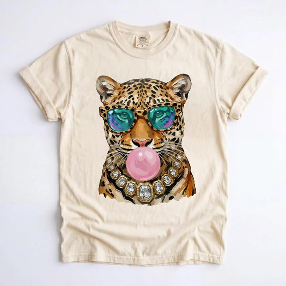 Trendy Leopard Bubblegum Sunglasses T-Shirt, Cute Retro Big Cat Animal Graphic Tee