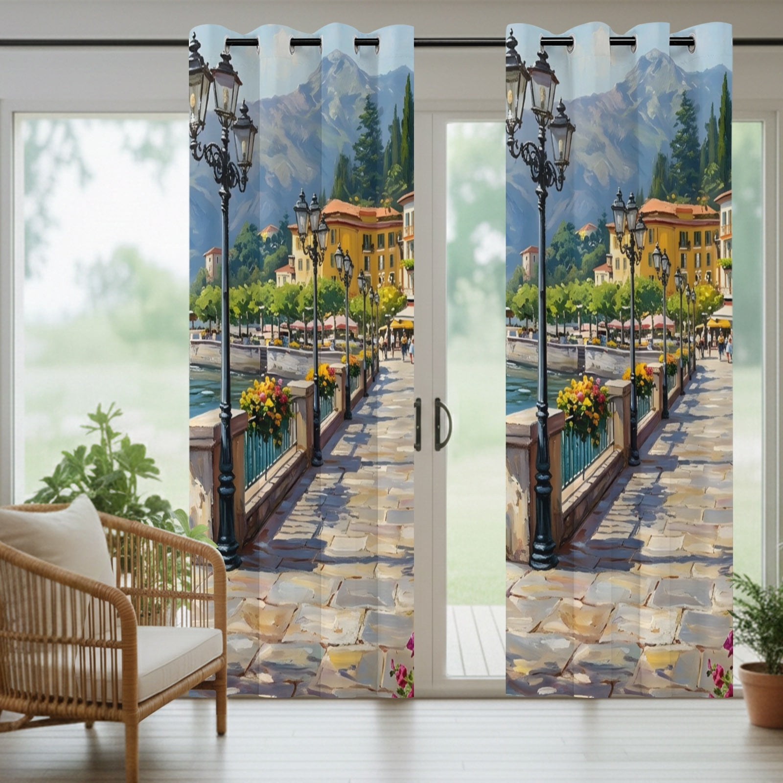 Seaside Walkway Outdoor Curtains for Patio, Coastal Town Mediterranean Scenery Sunshade Privacy Drapes Grommet Waterproof Outside Curtains for Porch/Cabana/Balcony 54"x 108", 1 Panel