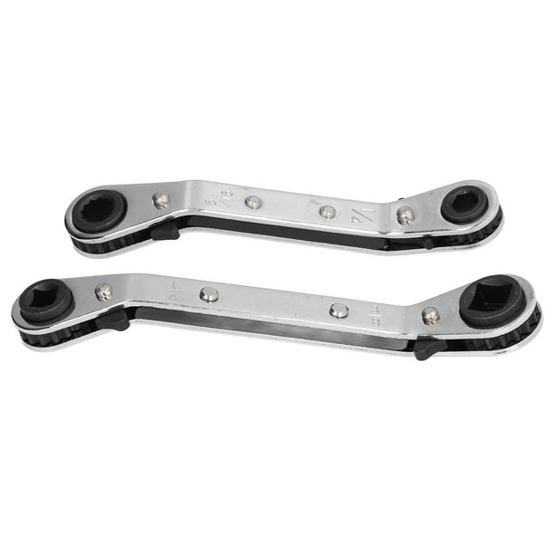 HVAC Service Wrench Set - 2PCS Ratchet Curved Wrenches With Hex Adapters For AC Valve Work