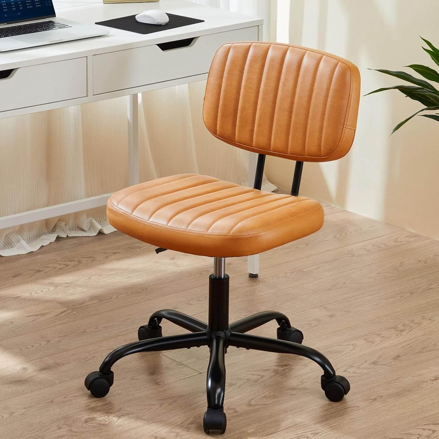 Atilioo Office Desk Chair, Armless Computer Chair with Wheels, PU Leather, Lumbar Support, 360° Rolling Swivel Task Chair for Home Office, Brown